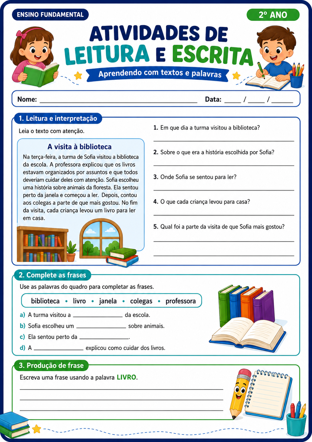 Atividade de Leitura e Escrita para o 2º Ano – A Visita à Biblioteca
